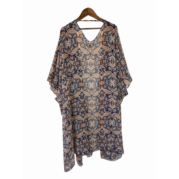 Democracy Tops - Democracy Paisley Kimono Caftan 2X Navy Blush Boho Open Front EUC